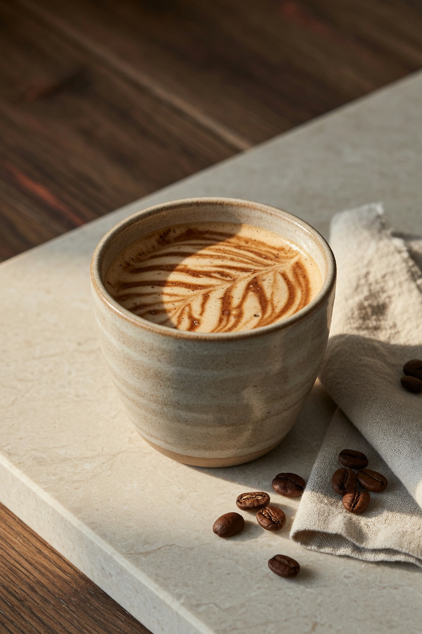 Taza de espresso con crema avellana sobre piedra clara.